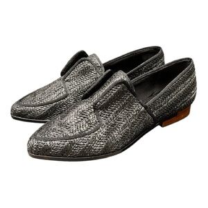 Kelsi Dagger Brooklyn Stanton Oxfords in Black Woven Raffia Stacked Heel 9